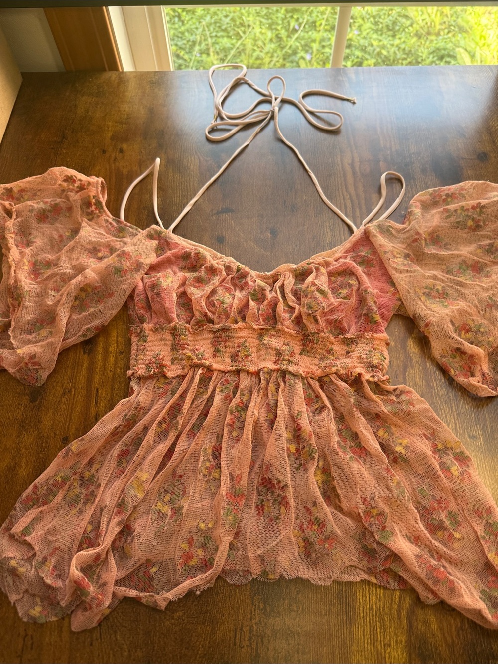 Free People Mademoiselle Floral Mesh Puff Sleeve Open Back Top XS